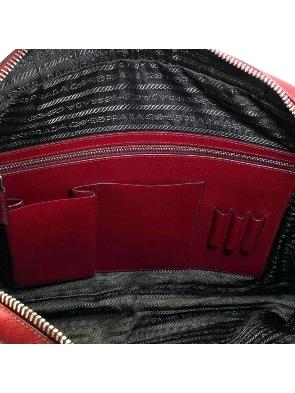 Prada Business Briefcase Handbag Triangle Logo Saffiano Leather Red Document
